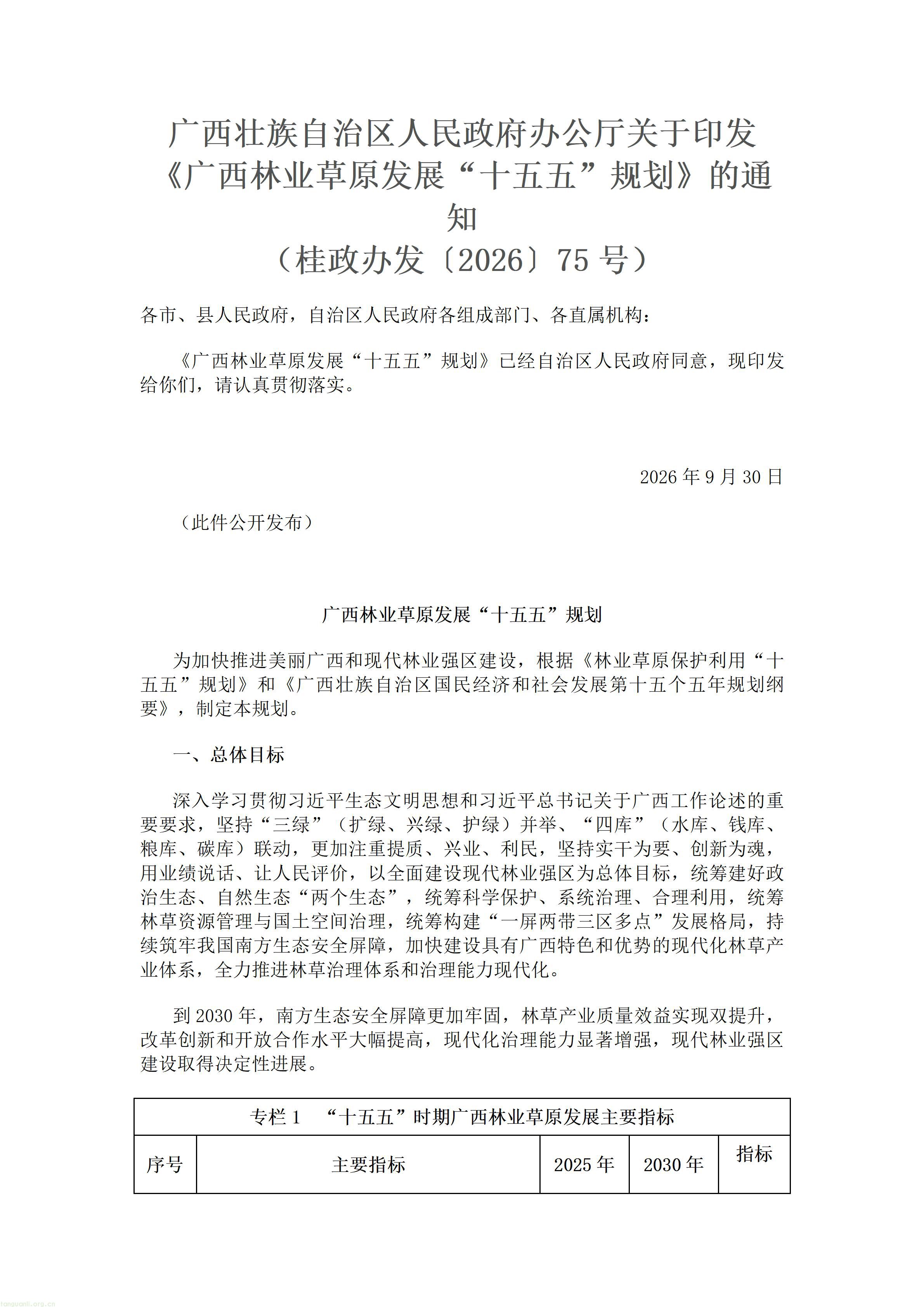 森林碳资产市场化探索:广西林草十五五布局 CCER 开发、绿色金融及 “林业碳汇 +” 创新(图1) 广西壮族自治区人民政府办公厅关于印发《广西林业草原发展“十五五”规划》的通知.doc_01.jpg